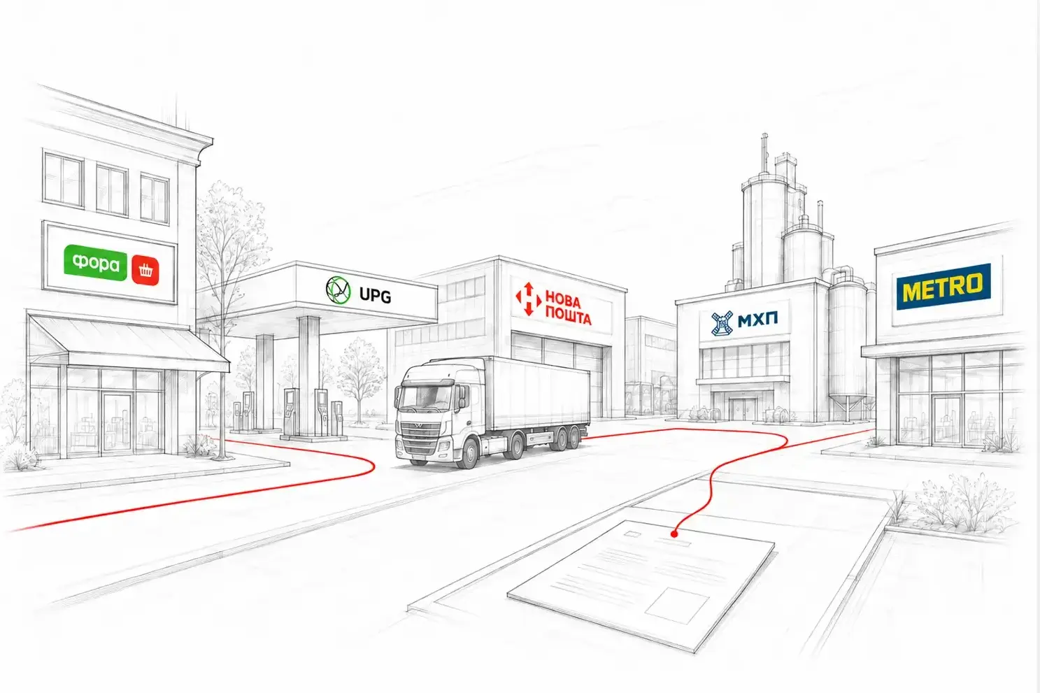 Скетч бізнес-кварталу з логотипами Фора, UPG, Нова пошта, МХП і METRO та червоним маршрутом автоматизації